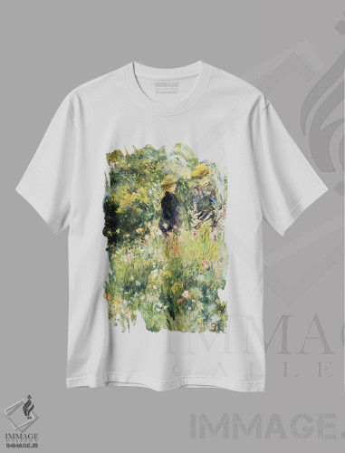 تیشرت طرح دار گفتگو در باغ رز، ۱۸۷۶، هنر فاخر کلاسیک اثر پیر-اوگوست رنوار | فروشگاه ایماژ