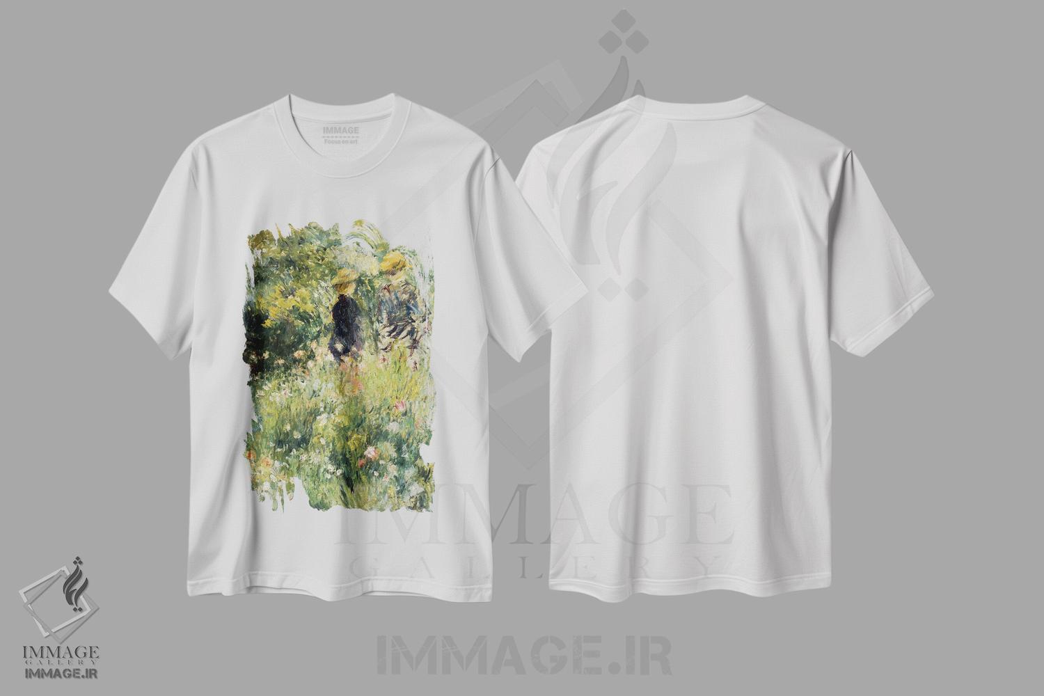 تیشرت طرح دار گفتگو در باغ رز، ۱۸۷۶، هنر فاخر کلاسیک اثر پیر-اوگوست رنوار | فروشگاه ایماژ