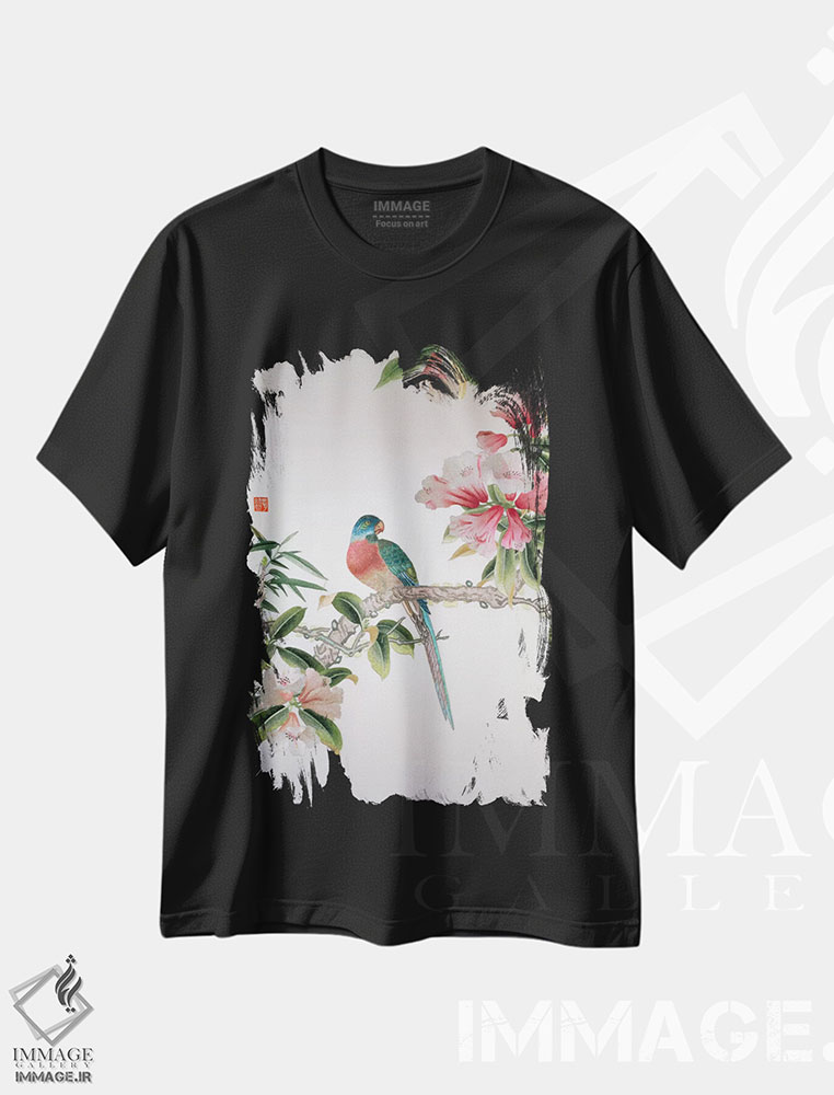 تیشرت طرح دار جی بر شاخه ای گلدار، دوره جمهوری، دکور آسیایی اثر مکتب چین | فروشگاه ایماژ