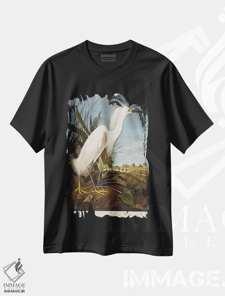 تیشرت طرح دار حواصیل برفی یا اگرت سفید / اگرت برفی، هنر فاخر کلاسیک اثر جان جیمز آدوبون | فروشگاه ایماژ