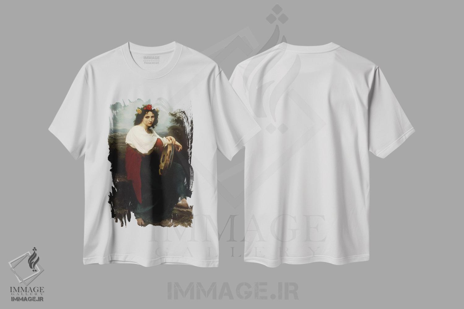 تیشرت طرح دار 1872,زن ایتالیایی با تمبک، ۱۸۷۲، هنر فاخر کلاسیک اثر ویلیام-آدولف بوگرئو | فروشگاه ایماژ