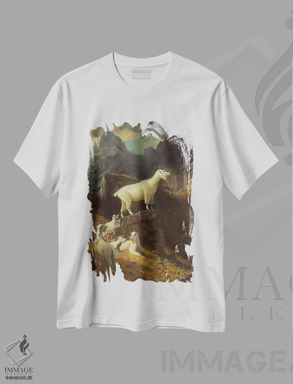 تیشرت طرح دار c.1885,بزهای کوهستانی راکی، حدود ۱۸۸۵، هنر فاخر کلاسیک اثر آلبرت بیرشتات | فروشگاه ایماژ