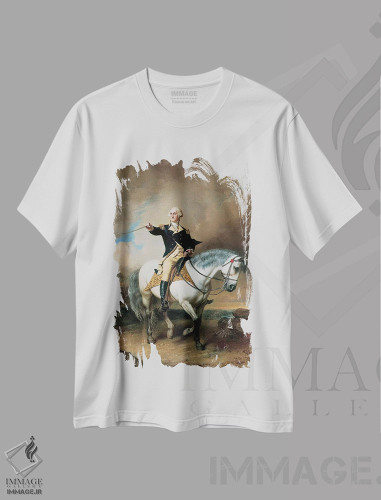 تیشرت طرح دار پرتره جورج واشنگتن هنگام ادای احترام در ترنتون، هنر فاخر کلاسیک اثر جان فید | فروشگاه ایماژ