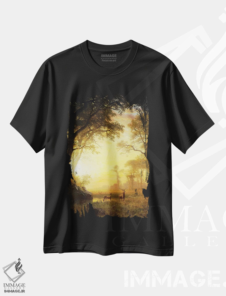 تیشرت طرح دار نور در جنگل، هنر فاخر کلاسیک اثر آلبرت بیرشتات | immage.ir
