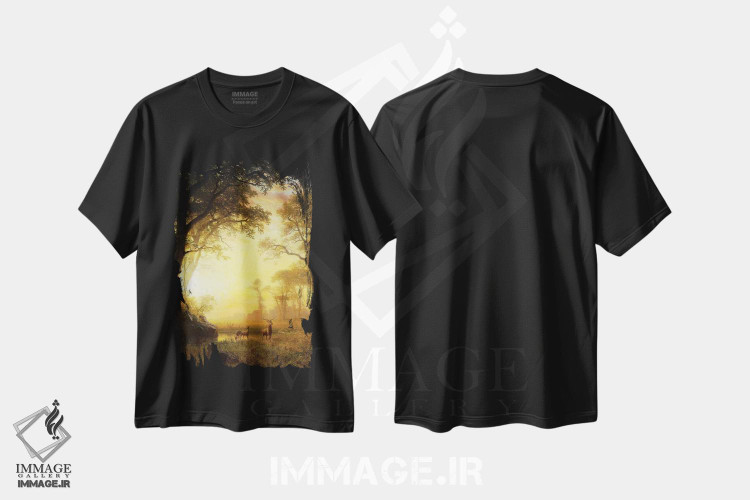 تیشرت طرح دار نور در جنگل، هنر فاخر کلاسیک اثر آلبرت بیرشتات | immage.ir