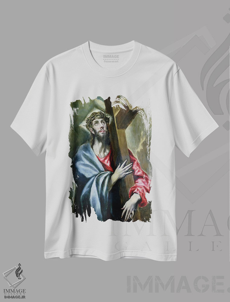 تیشرت طرح دار مسیح در حال در آغوش گرفتن صلیب، ۱۶۰۰-۱۶۱۰، هنر فاخر کلاسیک اثر ال گرکو | immage.ir