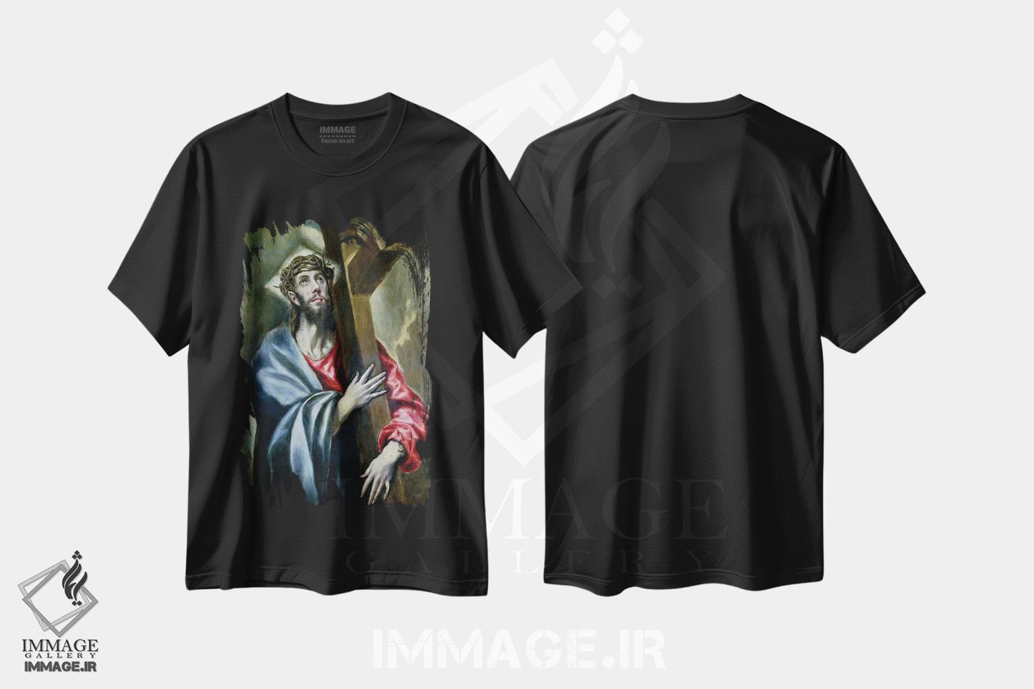 تیشرت طرح دار مسیح در حال در آغوش گرفتن صلیب، ۱۶۰۰-۱۶۱۰، هنر فاخر کلاسیک اثر ال گرکو | فروشگاه ایماژ