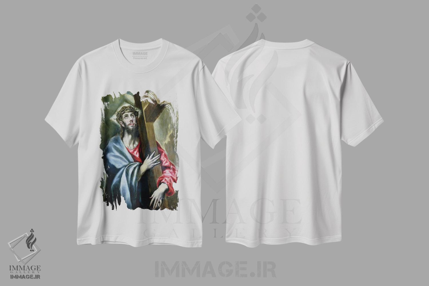 تیشرت طرح دار مسیح در حال در آغوش گرفتن صلیب، ۱۶۰۰-۱۶۱۰، هنر فاخر کلاسیک اثر ال گرکو | immage.ir