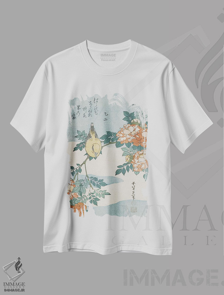 تیشرت طرح دار بلبل پشت سیاه و گل رز چینی، حدود ۱۸۳۳، دکور آسیایی اثر کاتسوشیکا هوکوسای | فروشگاه ایماژ
