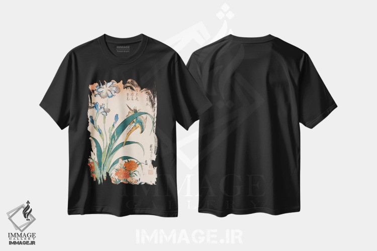 تیشرت طرح دار مرغ ماهی خوار با زنبق و گل میخک، دکور آسیایی اثر کاتسوشیکا هوکوسای | فروشگاه ایماژ