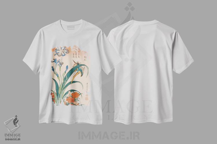 تیشرت طرح دار مرغ ماهی خوار با زنبق و گل میخک، دکور آسیایی اثر کاتسوشیکا هوکوسای | immage.ir