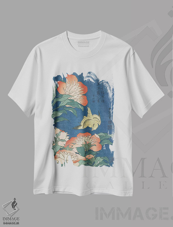 تیشرت طرح دار گل های صدتومانی و قناری، حدود ۱۸۳۳، دکور آسیایی اثر کاتسوشیکا هوکوسای | فروشگاه ایماژ