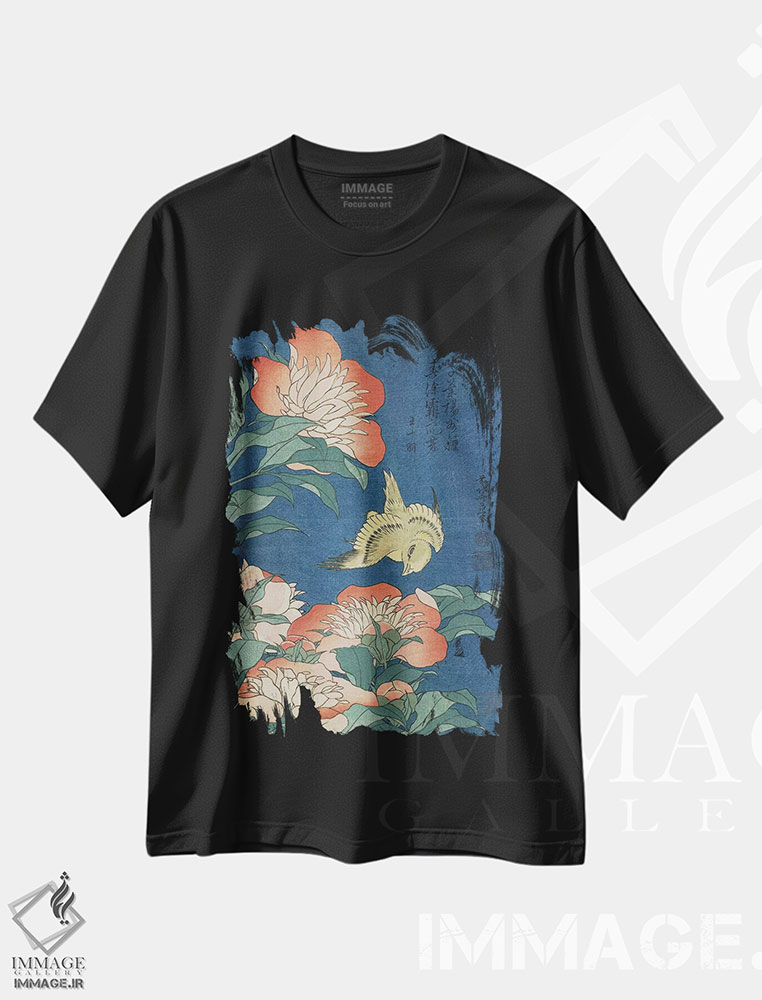 تیشرت طرح دار گل های صدتومانی و قناری، حدود ۱۸۳۳، دکور آسیایی اثر کاتسوشیکا هوکوسای | immage.ir