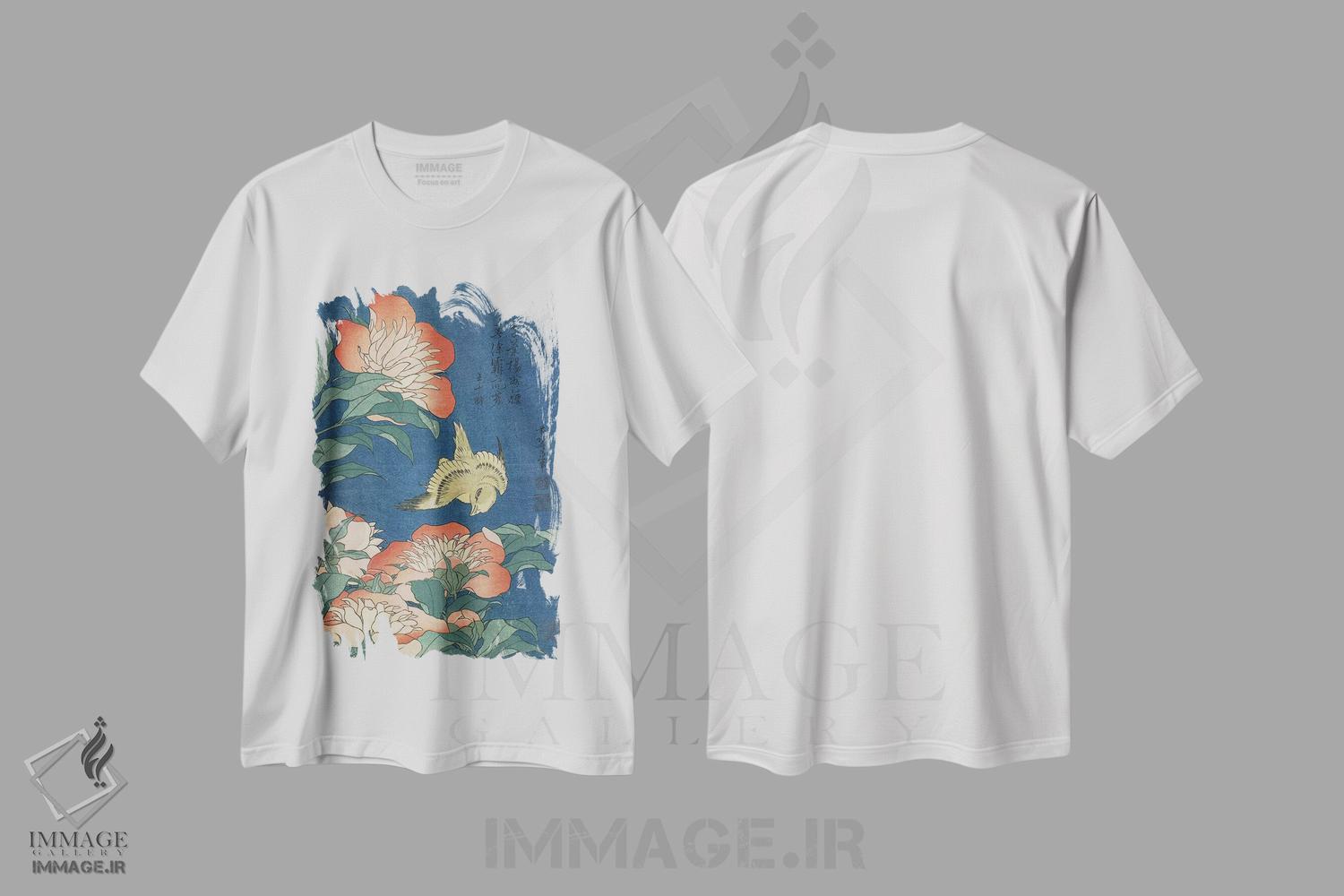 تیشرت طرح دار گل های صدتومانی و قناری، حدود ۱۸۳۳، دکور آسیایی اثر کاتسوشیکا هوکوسای | فروشگاه ایماژ