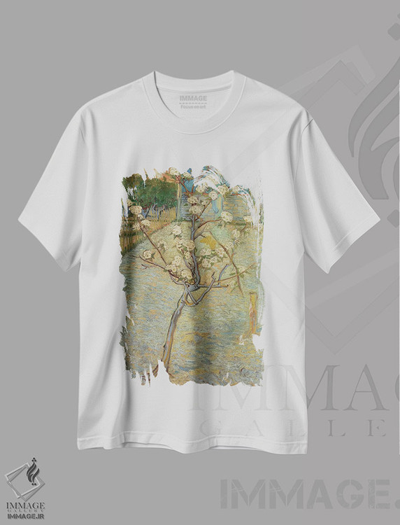 تیشرت طرح دار درختچه گلابی در شکوفه، ۱۸۸۸، هنر فاخر کلاسیک اثر ونسان ون گوگ | immage.ir