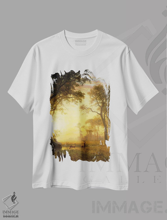 تیشرت طرح دار نور در جنگل، هنر فاخر کلاسیک اثر آلبرت بیرشتات | immage.ir