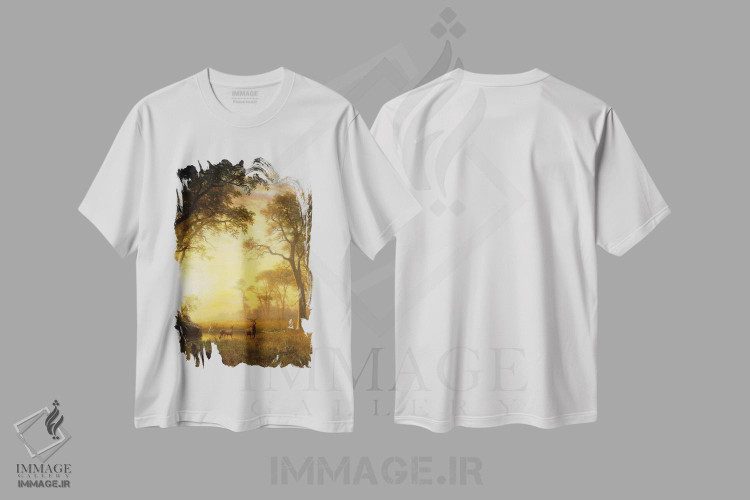تیشرت طرح دار نور در جنگل، هنر فاخر کلاسیک اثر آلبرت بیرشتات | immage.ir