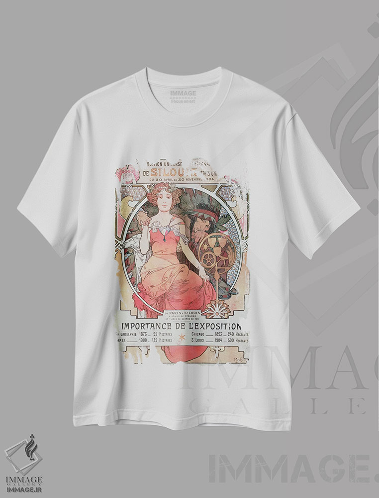 تیشرت طرح دار تبلیغ نمایشگاه جهانی ۱۹۰۴، آرت نوو اثر آلفونس موخا | immage.ir