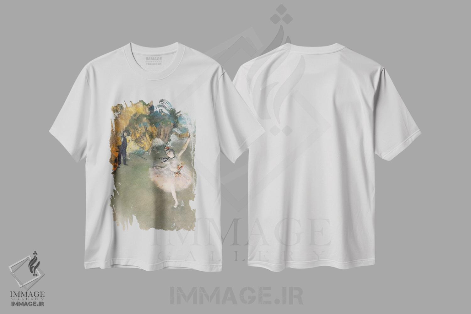 تیشرت طرح دار ستاره یا بالرین روی صحنه، هنر فاخر کلاسیک اثر ادگار دگا | immage.ir