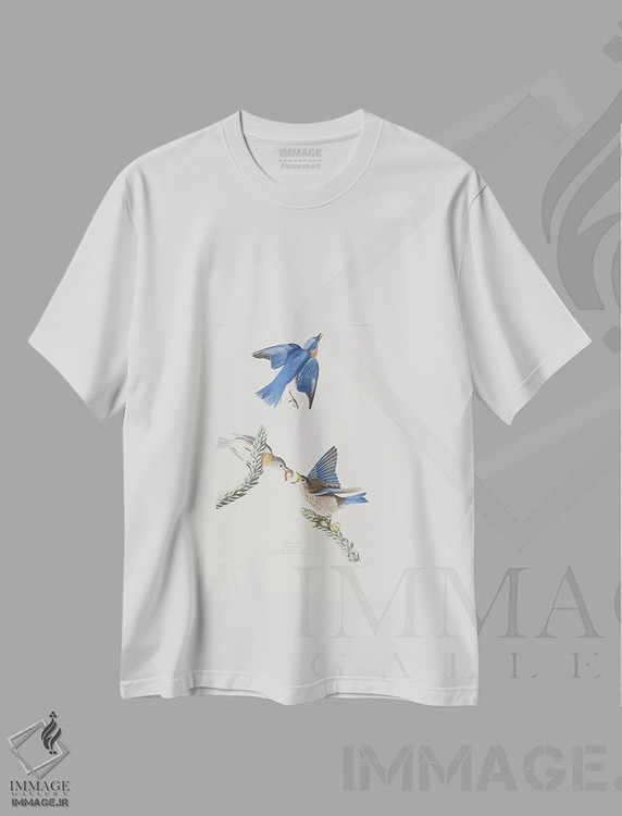 تیشرت طرح دار پرنده آبی و گل ماهور بزرگ، هنر فاخر کلاسیک اثر جان جیمز آدوبون | فروشگاه ایماژ
