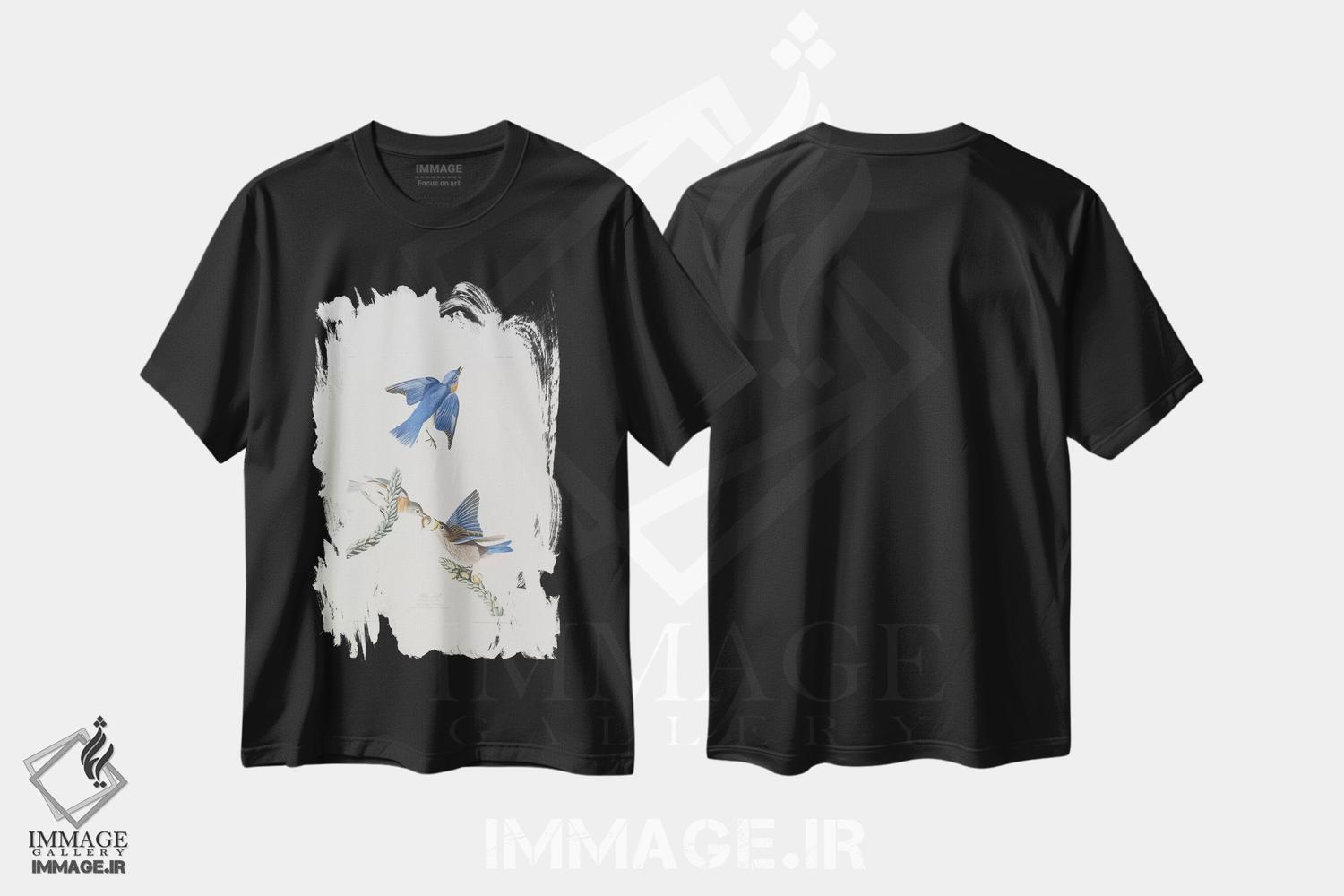 تیشرت طرح دار پرنده آبی و گل ماهور بزرگ، هنر فاخر کلاسیک اثر جان جیمز آدوبون | immage.ir