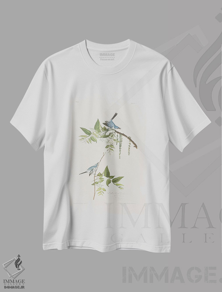 تیشرت طرح دار مگس گیر آبی-خاکستری و گردوی سیاه، هنر فاخر کلاسیک اثر جان جیمز آدوبون | immage.ir