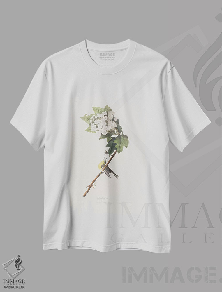 تیشرت طرح دار ویریو گلو زرد و ادریسی برگ بلوط، هنر فاخر کلاسیک اثر جان جیمز آدوبون | immage.ir