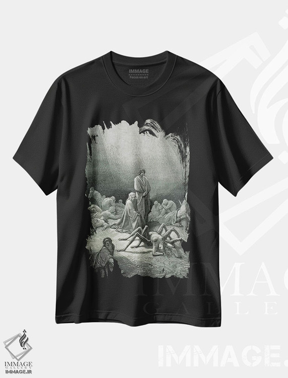 تیشرت طرح دار ویرژیل و دانته در حال نگاه به زن عنکبوتی، هنر فاخر کلاسیک اثر گوستاو دوره | immage.ir