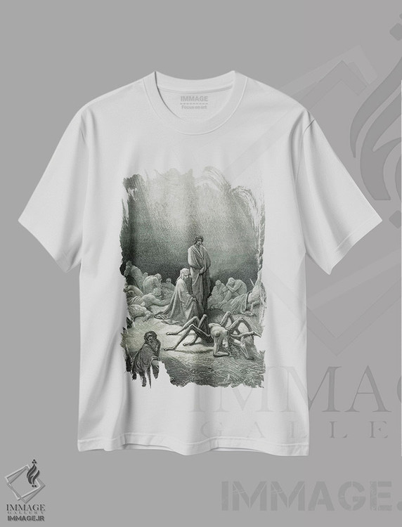 تیشرت طرح دار ویرژیل و دانته در حال نگاه به زن عنکبوتی، هنر فاخر کلاسیک اثر گوستاو دوره | فروشگاه ایماژ