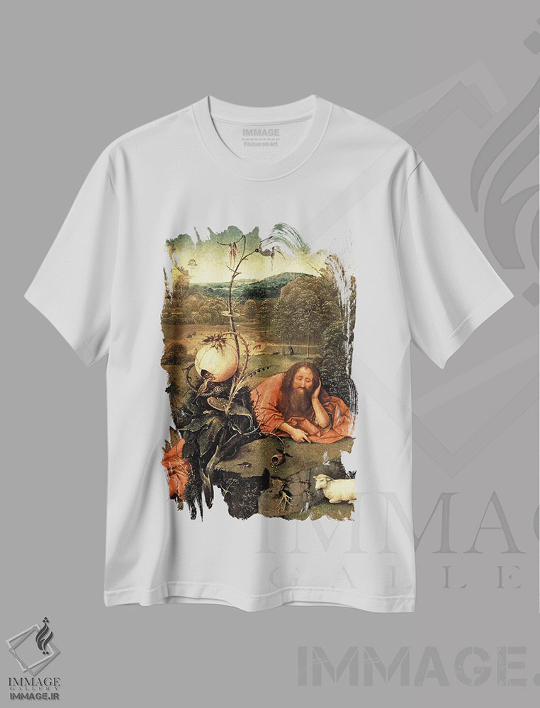 تیشرت طرح دار یوحنا تعمیددهنده در مراقبه، هنر فاخر کلاسیک اثر هیرونیموس بوش | immage.ir