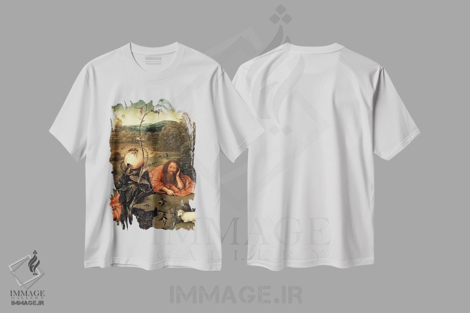 تیشرت طرح دار یوحنا تعمیددهنده در مراقبه، هنر فاخر کلاسیک اثر هیرونیموس بوش | immage.ir