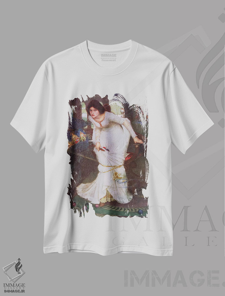 تیشرت طرح دار بانو شالوت در حال نگاه به لنسلوت، هنر فاخر کلاسیک اثر جان ویلیام واترهاوس | فروشگاه ایماژ