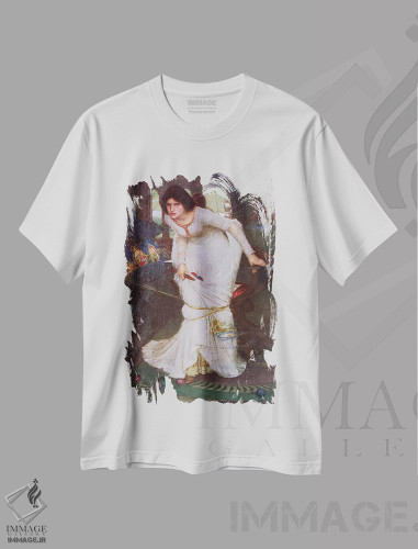 تیشرت طرح دار بانو شالوت در حال نگاه به لنسلوت، هنر فاخر کلاسیک اثر جان ویلیام واترهاوس | فروشگاه ایماژ
