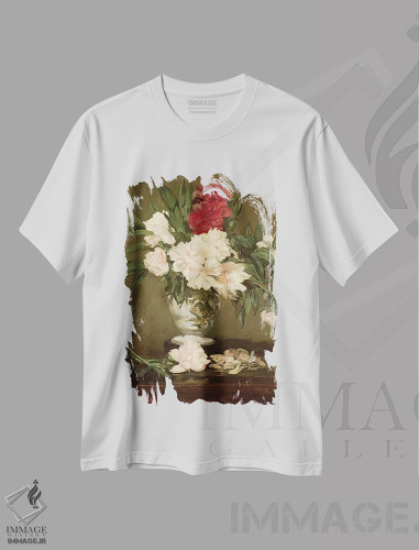 تیشرت طرح دار گلدان گل صدتومانی بر روی پایه ای کوچک، ۱۸۶۴، هنر فاخر کلاسیک اثر ادوارد مانه | فروشگاه ایماژ