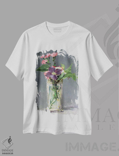 تیشرت طرح دار میخک و کلماتیس در گلدان بلوری، حدود ۱۸۸۲، هنر فاخر کلاسیک اثر ادوارد مانه | فروشگاه ایماژ