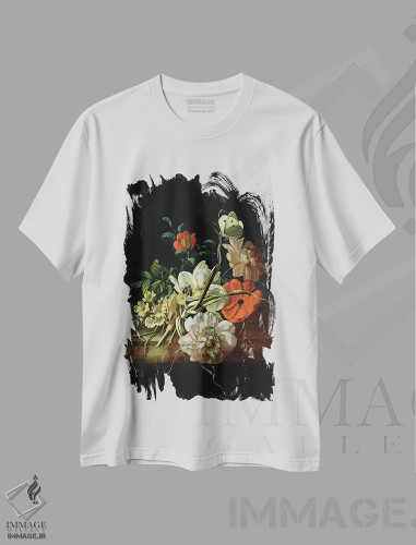 تیشرت طرح دار طبیعت بی جان با گل ها، هنر فاخر کلاسیک اثر ریچل رویش | فروشگاه ایماژ