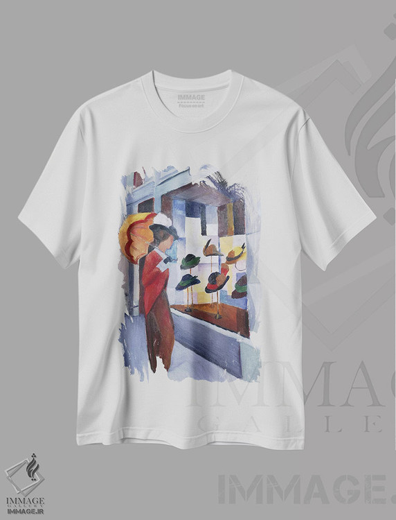 تیشرت طرح دار مغازه کلاه فروشی زنانه، ۱۹۱۴، هنر فاخر کلاسیک اثر آگوست ماکه | immage.ir