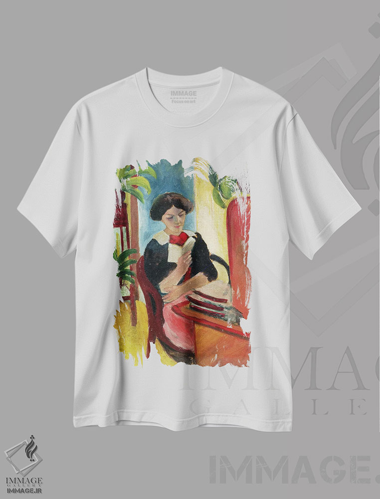 تیشرت طرح دار الیزابت در حال مطالعه، هنر فاخر کلاسیک اثر آگوست ماکه | فروشگاه ایماژ