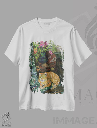 تیشرت طرح دار دسته گل و یک گربه، ۱۹۱۹، هنر فاخر کلاسیک اثر ماری کلمنتین والادون | فروشگاه ایماژ