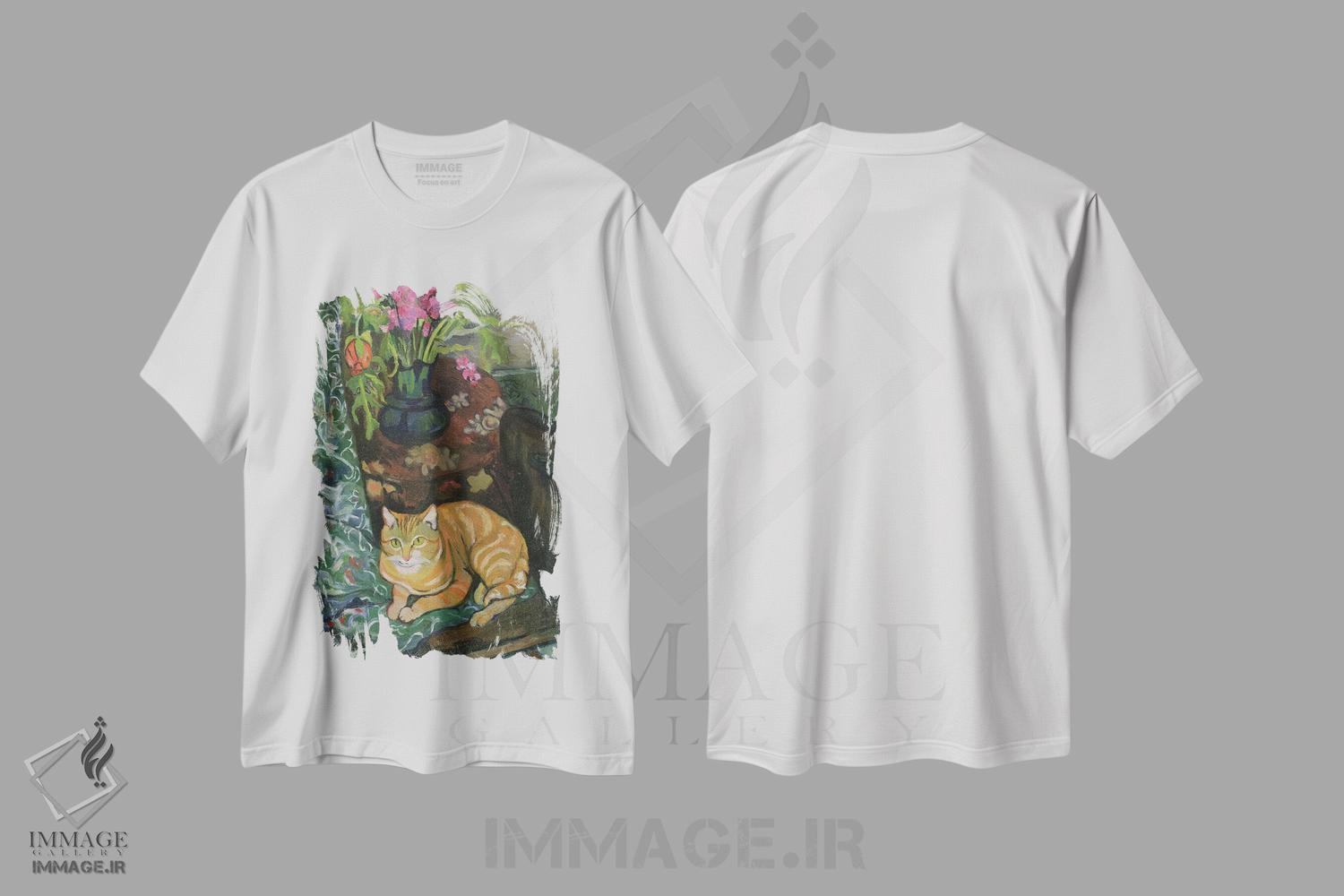 تیشرت طرح دار دسته گل و یک گربه، ۱۹۱۹، هنر فاخر کلاسیک اثر ماری کلمنتین والادون | فروشگاه ایماژ