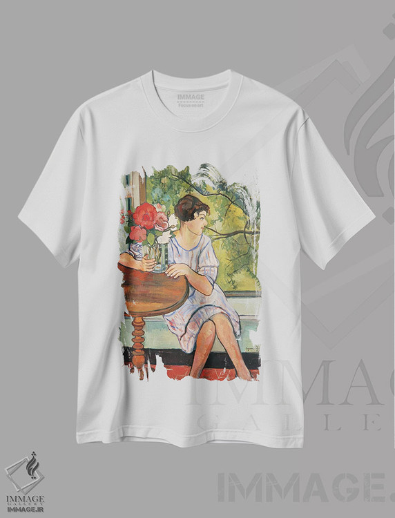 تیشرت طرح دار دختر جوان در برابر پنجره، ۱۹۳۰، هنر فاخر کلاسیک اثر ماری کلمنتین والادون | immage.ir