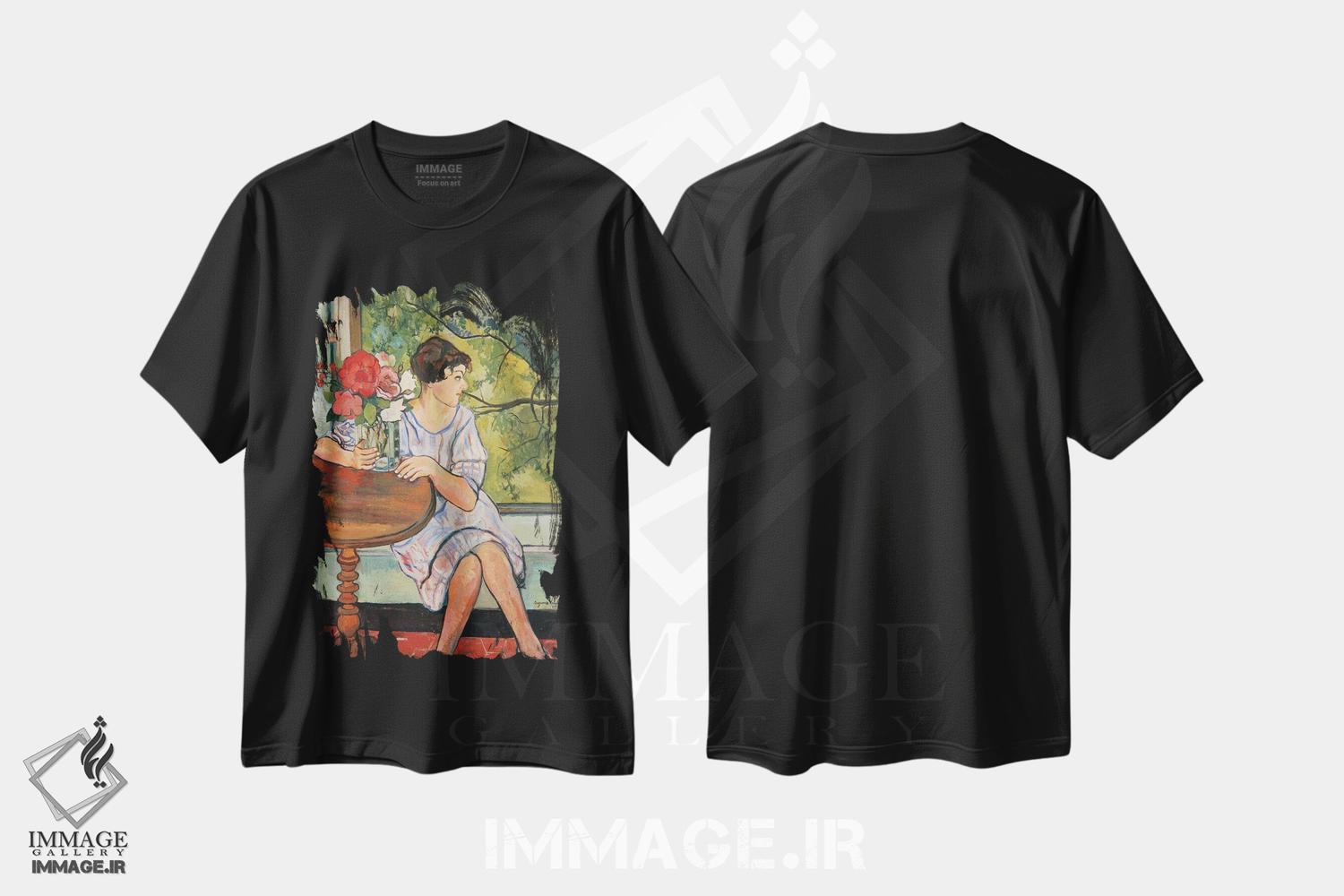 تیشرت طرح دار دختر جوان در برابر پنجره، ۱۹۳۰، هنر فاخر کلاسیک اثر ماری کلمنتین والادون | فروشگاه ایماژ