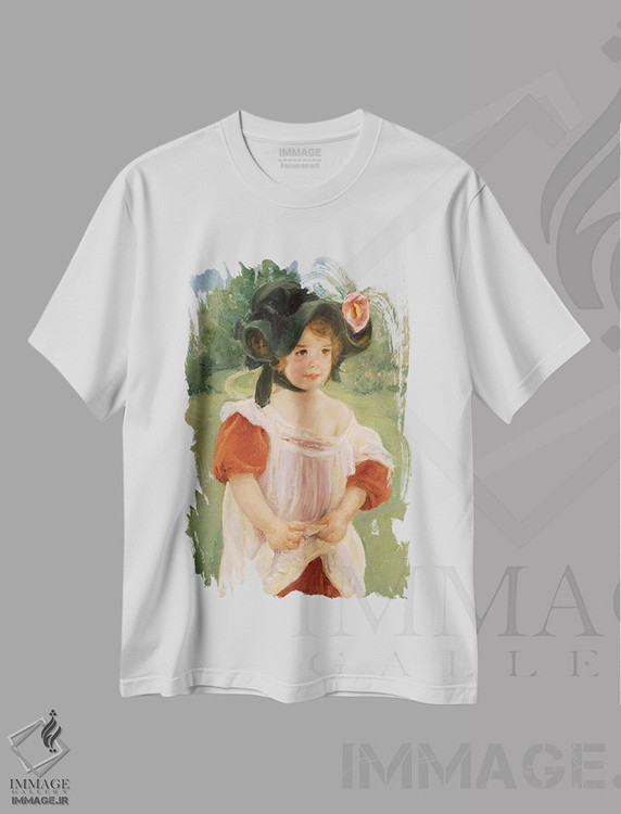 تیشرت طرح دار بهار: مارگو ایستاده در باغ، ۱۹۰۰، هنر فاخر کلاسیک اثر مری استیونسون کاسات | فروشگاه ایماژ