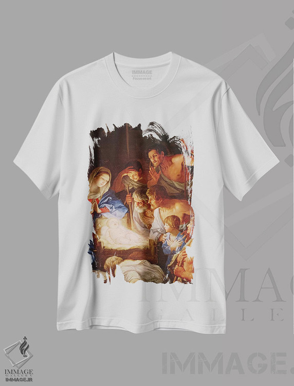 تیشرت طرح دار پرستش شبانان، جزئیاتی از گروه پیرامون عیسی، باروک اثر گویدو رنی | فروشگاه ایماژ