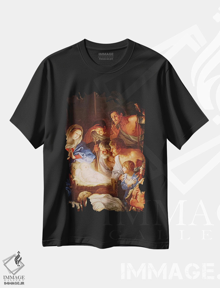 تیشرت طرح دار پرستش شبانان، جزئیاتی از گروه پیرامون عیسی، باروک اثر گویدو رنی | immage.ir