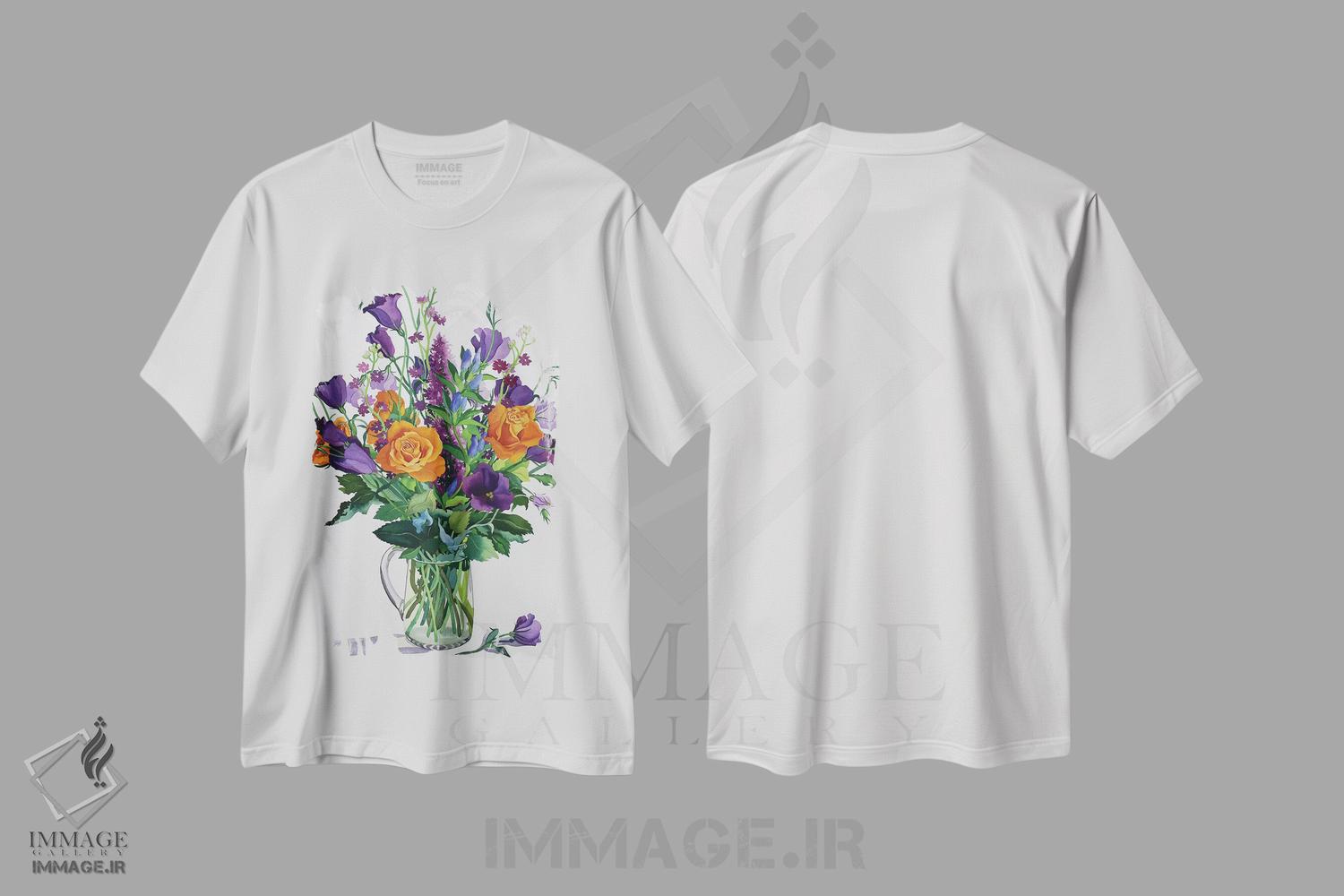 تیشرت طرح دار گل های نارنجی و بنفش، هنر فاخر کلاسیک اثر کریستوفر رایلند | فروشگاه ایماژ