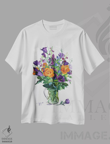 تیشرت طرح دار گل های نارنجی و بنفش، هنر فاخر کلاسیک اثر کریستوفر رایلند | فروشگاه ایماژ