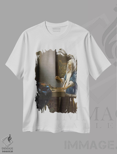 تیشرت طرح دار c.1664,زن با ترازوی در دست، حدود ۱۶۶۴، هنر فاخر کلاسیک اثر یان ورمیر | فروشگاه ایماژ