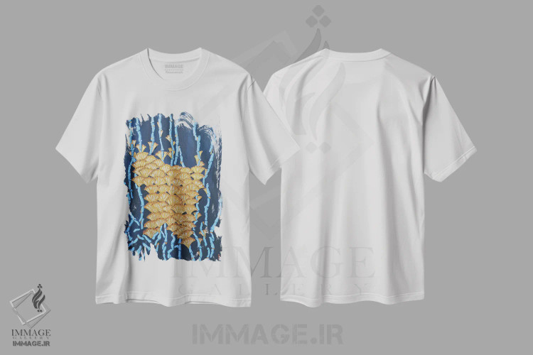 تیشرت طرح دار مرجان های آبی و گل های طلایی، دکور آسیایی اثر بریت بردال نیلسن | immage.ir