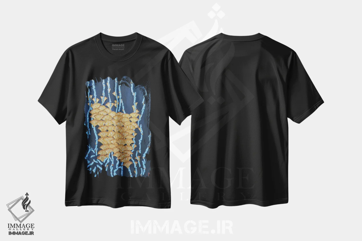 تیشرت طرح دار مرجان های آبی و گل های طلایی، دکور آسیایی اثر بریت بردال نیلسن | فروشگاه ایماژ